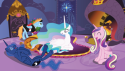 Size: 1024x580 | Tagged: safe, artist:harmonystarmlp, artist:techrainbow, princess cadance, princess celestia, princess luna, oc, alicorn, pony, g4, alicorn oc, clothes, crossdressing, laughing, maid