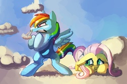 Size: 898x598 | Tagged: safe, artist:glasswhistle, fluttershy, rainbow dash, g4, cloud, cloudy, defending, fight, protecting, snorting