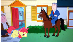 Size: 1278x733 | Tagged: safe, apple bloom, horse, human, pony, g4, adam west, branding, branding iron, face down ass up, family guy, female, filly, foal, humans riding horses, male, peter griffin, riding