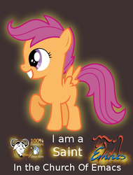 Size: 455x600 | Tagged: safe, scootaloo, pegasus, pony, g4, emacs, female, filly, foal, gnu, grin, linux, raised hoof, smiling, solo, squee, text