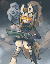 Size: 1280x1631 | Tagged: safe, artist:ultrahurtman, oc, oc only, pony, armor, badass, bipedal, knife, smoking, weapon