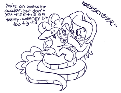 Size: 951x735 | Tagged: source needed, safe, artist:aldente, pinkie pie, oc, lamia, original species, g4, constriction, dialogue, hissing, hug, imminent vore, kitchen eyes, monochrome, pinkie prey, squeeze