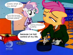 Size: 640x480 | Tagged: safe, scootaloo, sweetie belle, g4, chocolate pudding, didi pickles, lost control of my life, making chocolate pudding, parody, rugrats, speech bubble, stu pickles, tired