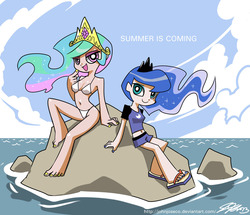 Size: 1000x860 | Tagged: safe, artist:johnjoseco, princess celestia, princess luna, human, g4, bikini, clothes, cloud, female, humanized, looking at you, open mouth, panty and stocking with garterbelt, sandals, skinny, sky, smiling, style emulation, swimsuit, thin, water