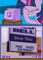 Size: 561x771 | Tagged: safe, twilight sparkle, g4, exploitable meme, facehoof, fail, meme, taco bell, tv meme