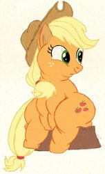 Size: 697x1147 | Tagged: safe, artist:squishyluna, applejack, earth pony, pony, g4, applefat, applejack's hat, chubby, cowboy hat, cute, fat, female, hat, mare, sitting, smiling