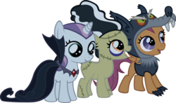 Size: 1024x602 | Tagged: safe, artist:akili-amethyst, apple bloom, scootaloo, sweetie belle, earth pony, pegasus, pony, unicorn, g4, animal costume, bride of frankenstein, clothes, costume, cutie mark crusaders, dracula, frankenpony, frankenstein, frankenstein's bride, frankenstein's monster, nightmare night, scootawolf, simple background, transparent background, vampire costume, vector, wolf costume