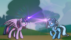 Size: 1920x1080 | Tagged: safe, artist:shawnyall, artist:theparagon, trixie, twilight sparkle, alicorn, pony, g4, female, fight, magic, mare, twilight sparkle (alicorn), wallpaper