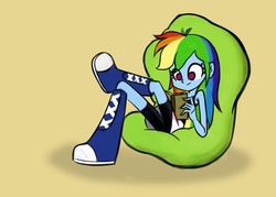 Size: 960x686 | Tagged: safe, artist:khuzang, rainbow dash, human, equestria girls, g4, beanbag chair, book, female, reading, solo