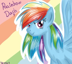 Size: 890x800 | Tagged: safe, artist:greenver, rainbow dash, pegasus, pony, g4, female, looking at you, mare, rainbow background, signature, solo