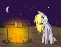 Size: 936x720 | Tagged: safe, artist:lilmisswaffles, derpy hooves, pegasus, pony, g4, campfire, cute, female, fire, head tilt, literal spitroast, looking at you, mare, muffin, night, sitting, sky, smiling