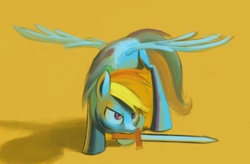 Size: 646x423 | Tagged: safe, artist:justdayside, rainbow dash, g4, female, mouth hold, simple background, solo, sword, weapon