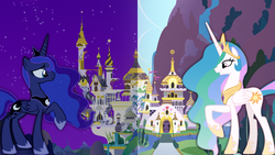 Size: 1920x1080 | Tagged: safe, artist:shawnyall, princess celestia, princess luna, alicorn, pony, g4, canterlot, day, duo, duo female, female, jewelry, mare, night, regalia, royal sisters, siblings, sisters, vector, wallpaper