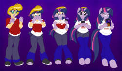 Size: 1000x578 | Tagged: safe, artist:akuoreo, doctor whooves, time turner, twilight sparkle, human, unicorn, anthro, g4, carl sagan, clothes, female, glasses, happy, horn, human male, human to anthro, jeans, male, male to female, nerd, rule 63, smiling, solo, t-shirt, transformation, transgender transformation