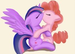 Size: 1280x914 | Tagged: safe, artist:zokkili, pinkie pie, twilight sparkle, alicorn, pony, g4, duo, eyes closed, female, kiss on the lips, kissing, lesbian, mare, ship:twinkie, shipping, spread wings, twilight sparkle (alicorn), wings