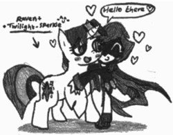 Size: 303x236 | Tagged: safe, artist:kainsword17, twilight sparkle, demon, human, hybrid, pony, unicorn, g4, cambion, crossover, crossover shipping, dc comics, duo, duo female, female, heart, hug, human female, interspecies, lesbian, mare, pixiv, raven (dc comics), ship:twiraven, tara strong, teen titans, teen titans go, unicorn twilight, voice actor joke