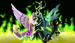 Size: 2968x1729 | Tagged: safe, artist:tails1000, queen chrysalis, alicorn, changeling, changeling queen, pony, g4, cadance two face, character to character, disguise, disguised changeling, duality, fake cadance, fangs, female, fire, glowing, glowing horn, green fire, grin, hoof shoes, hooves, horn, magic, mare, scene interpretation, smiling, solo, spread wings, teeth, transformation, wings