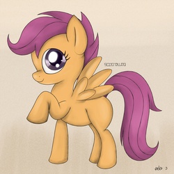 Size: 1500x1500 | Tagged: safe, artist:mcsadat, scootaloo, pegasus, pony, g4, blank flank, female, filly, foal, raised hoof, raised leg, side view, signature, simple background, smiling, solo, spread wings