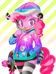 Size: 1162x1532 | Tagged: dead source, safe, artist:iizuna, pinkie pie, rainbow dash, anthro, g4, arm hooves, button, candy, clothes, female, hoodie, lollipop, psychedelic, solo, thigh highs