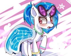 Size: 1300x1032 | Tagged: safe, artist:hua, dj pon-3, vinyl scratch, pony, g4, alternate hairstyle, clothes, dress, female, solo