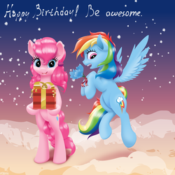 Size: 2400x2400 | Tagged: safe, artist:roadsleadme, pinkie pie, rainbow dash, pony, g4, alternate hairstyle, bipedal, flower, happy birthday, present, snow, snowfall