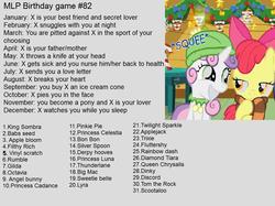 Size: 1140x852 | Tagged: safe, angel bunny, apple bloom, applejack, babs seed, big macintosh, bon bon, derpy hooves, diamond tiara, dinky hooves, discord, dj pon-3, filthy rich, fluttershy, gilda, king sombra, lyra heartstrings, octavia melody, pinkie pie, princess cadance, princess celestia, princess luna, queen chrysalis, rainbow dash, rumble, scootaloo, silver spoon, sweetie belle, sweetie drops, thunderlane, tom, trixie, twilight sparkle, vinyl scratch, g4, birthday game, cutie mark crusaders, exploitable meme, meme, text