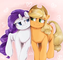 Size: 1280x1210 | Tagged: dead source, safe, artist:sirmasterdufel, applejack, rarity, earth pony, pony, unicorn, female, heart, lesbian, looking at each other, looking at someone, mare, rarijack, shipping
