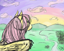 Size: 989x780 | Tagged: safe, artist:bootsa81, fluttershy, pegasus, pony, g4, bust, female, looking away, mare, mountain, mountain range, outdoors, river, sky, solo, spread wings, sunrise, water, wings