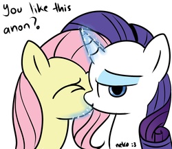 Size: 1500x1300 | Tagged: safe, artist:mcsadat, fluttershy, rarity, pegasus, pony, unicorn, g4, bedroom eyes, duo, eyes closed, eyeshadow, female, forced, forced kiss, kiss on the lips, kissing, lesbian, looking at you, magic, magical encouragement, mare, ship:flarity, shipping, smiling