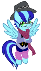 Size: 2500x4334 | Tagged: safe, artist:mrmarcel2605, oc, oc only, oc:blue loyalty, clothes, fedora, glasses, hat, hipster, scarf, simple background, solo, spread wings, transparent background, vector, vest