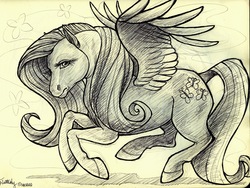 Size: 2867x2158 | Tagged: safe, artist:kisha-rose, fluttershy, pegasus, pony, g4, monochrome, semi-realistic, solo, traditional art