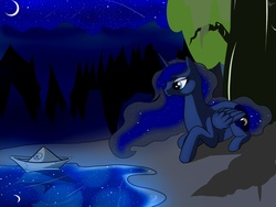 Size: 2000x1500 | Tagged: safe, artist:batmaser, princess luna, g4, female, hat, night, paper hat, solo