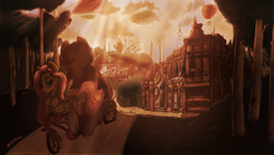 Size: 1920x1080 | Tagged: safe, artist:velexane, fluttershy, pinkie pie, bear, pegasus, pony, g4, airship, bicycle, building, crepuscular rays, looking at you, riding, scenery, steampunk, tandem bicycle, town, wallpaper