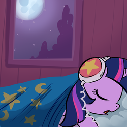 Size: 1000x1000 | Tagged: safe, artist:madmax, twilight sparkle, pony, unicorn, g4, bed, bedroom, cute, eyes closed, female, headphones, mare, moon, night, on side, open mouth, sleeping, solo, twiabetes, window