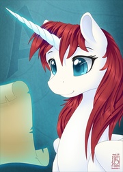 Size: 756x1051 | Tagged: safe, artist:skyheavens, oc, oc only, oc:fausticorn, alicorn, pony, lauren faust, scroll, solo