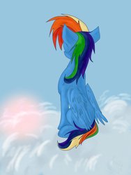 Size: 1024x1365 | Tagged: safe, artist:melodyraichal, rainbow dash, pegasus, pony, g4, cloud, facing away, female, mare, wings