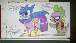 Size: 1023x577 | Tagged: safe, artist:andy price, idw, spike, twilight sparkle, dragon, pony, unicorn, g4, batman, batmare, cowl, female, hilarious in hindsight, male, mare, mask, robin, traditional art