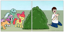 Size: 800x404 | Tagged: safe, artist:el-yeguero, apple bloom, lyra heartstrings, pinkie pie, scootaloo, sweetie belle, earth pony, human, pegasus, unicorn, g4, 2 panel comic, bush, butt, clothes, comic, eyes closed, female, filly, foal, folded wings, kneeling, mare, open mouth, open smile, pants, plot, shirt, smiling, wings