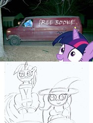 Size: 760x1012 | Tagged: safe, artist:rayodragon, trixie, twilight sparkle, pony, unicorn, black and white, bondage, bound and gagged, clothes, driving, female, foalnapping, gag, grayscale, hat, irl, it's a trap, kidnapped, lesbian, mare, meme, monochrome, photo, rape van, shipping, tape, tape gag, tied up, trixie's hat, twilight sparkle is not amused, twixie, unamused, unicorn twilight, van, you fool
