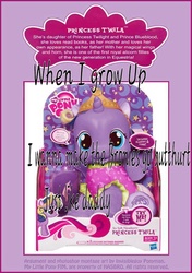 Size: 632x899 | Tagged: safe, oc, oc only, oc:princess twila, caption, fake, offspring, parent:prince blueblood, parent:twilight sparkle, parents:twiblood, toy