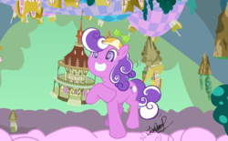 Size: 1988x1234 | Tagged: safe, artist:zeronitan, screwball, g4, chaos, cloud, cotton candy cloud, cute, discorded landscape, floating island, green sky, hat, ponyville, ponyville town hall, propeller hat, smiling, swirly eyes, town hall, upside down