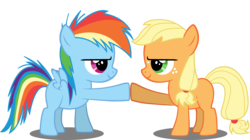 Size: 8000x4477 | Tagged: safe, artist:deratrox, applejack, rainbow dash, g4, absurd resolution, female, filly, filly applejack, filly rainbow dash, hoofbump, simple background, transparent background, vector, younger