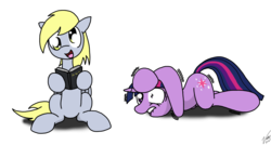 Size: 1823x974 | Tagged: safe, artist:sandwich-anomaly, derpy hooves, twilight sparkle, pegasus, pony, unicorn, g4, book, female, hitchhiker's guide to the galaxy, lip bite, mare, shivering, unicorn twilight, vogon poetry