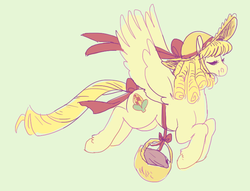 Size: 743x568 | Tagged: safe, artist:terribleclaw, oc, oc only, pony, basket, bow, eyes closed, female, flying, hat, mare, simple background, tail, tail bow, wings