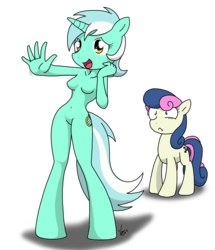 Size: 1976x2296 | Tagged: safe, artist:sandwich-anomaly, bon bon, lyra heartstrings, sweetie drops, earth pony, pony, anthro, unguligrade anthro, g4, barbie doll anatomy, breasts, featureless breasts, skinny, thin