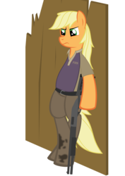 Size: 3000x4243 | Tagged: safe, artist:pasuri98, applejack, earth pony, semi-anthro, g4, coach (l4d2), cosplay, crossover, female, gun, left 4 dead, left 4 dead 2, shotgun, simple background, solo, weapon