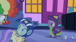 Size: 1280x720 | Tagged: safe, screencap, alula, mayor mare, pluto, spike, g4, luna eclipsed, clown, costume, disapproval, faic, out of context, scared, scrunchy face