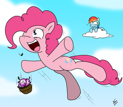 Size: 1887x1637 | Tagged: safe, artist:sandwich-anomaly, pinkie pie, rainbow dash, earth pony, pegasus, pony, g4, cloud, cloudy, crossover, flower, flying