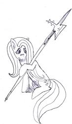 Size: 1020x1750 | Tagged: safe, artist:pyrogre, fluttershy, g4, halberd, traditional art, weapon