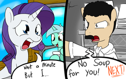 Size: 1700x1066 | Tagged: safe, artist:sandwich-anomaly, lyra heartstrings, rarity, g4, crossover, seinfeld, soup nazi